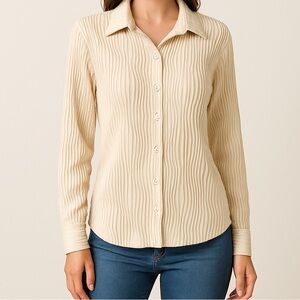 CHYRII Beige Pleated Button Down Blouse Long Sleeve =Size S=